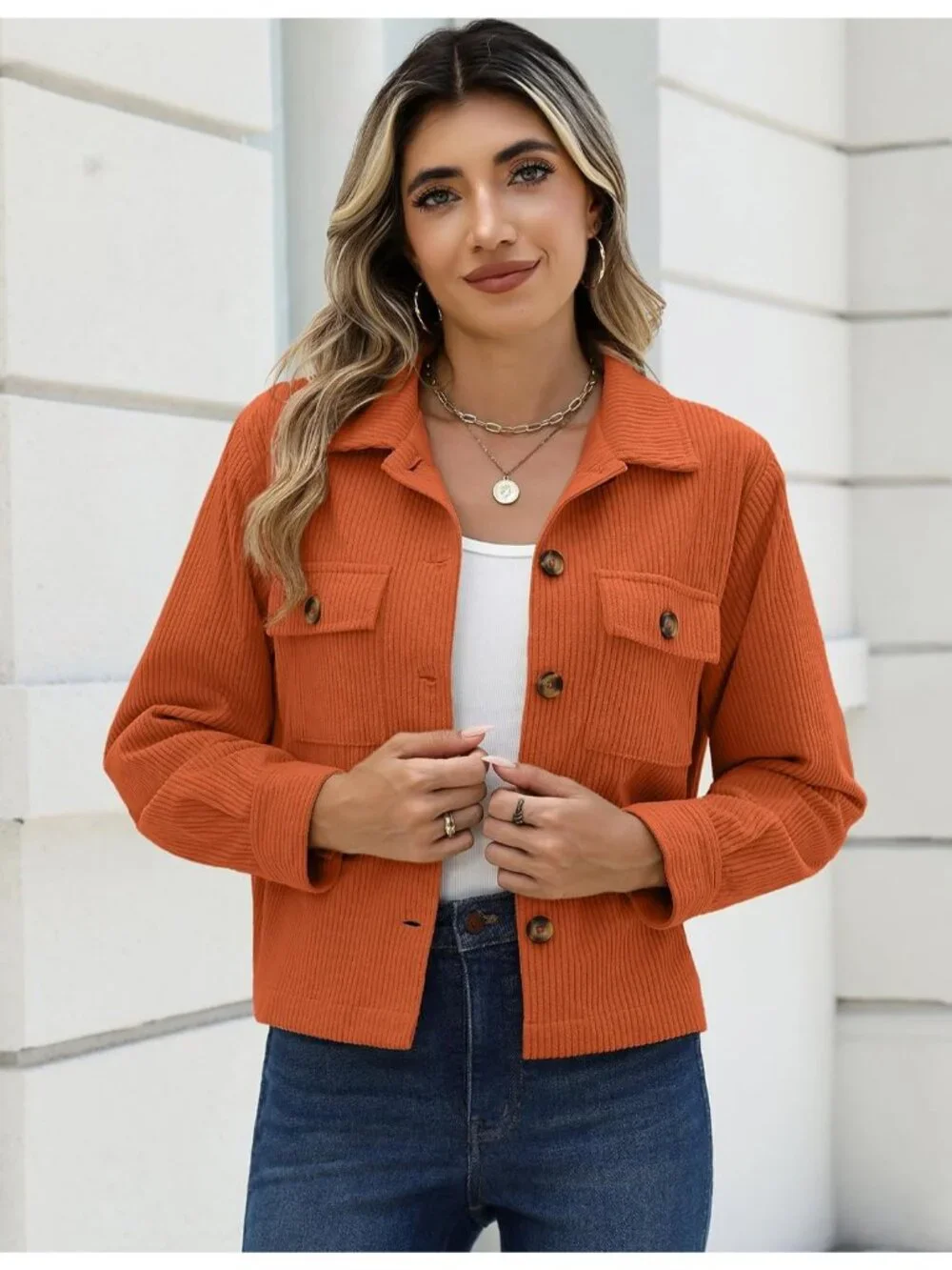 Women's Caramel Fashion Cropped Corduroy Button Down Long Sleeve Trendy Jacket
